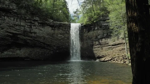 Foster Falls Waterfall Pull Back Reveal of Tree Trunks in the Foreground Stock-Footage 107260124