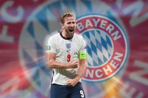  FOTOMONTAGE: Sehr gute Gespraeche mit Kane: FC Bayern Muenchen erklaert E... Stock Photos