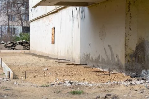 Foundation blind area preparing. Basic formwork marking. Blind area construct Stock Photos