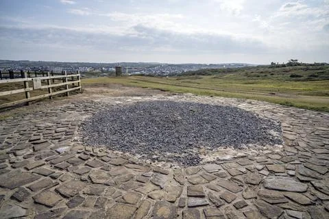 Foundation of storm tower Bude  after it was moved Foto stock