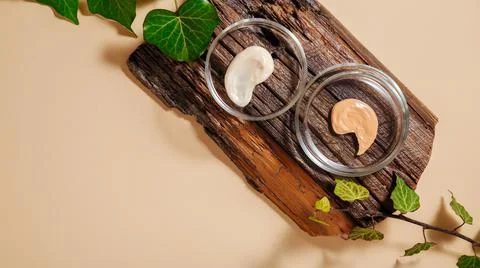 Foundation Swatch, moisturizing cream sample in petri dishes on wood board with Stock Photos