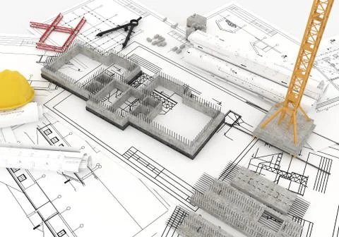 Foundation under construction with crane, on top of blueprints Stock Illustration