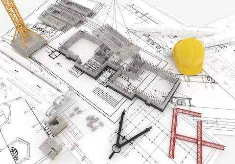 Foundation under construction with crane, on top of blueprints Stock Illustration