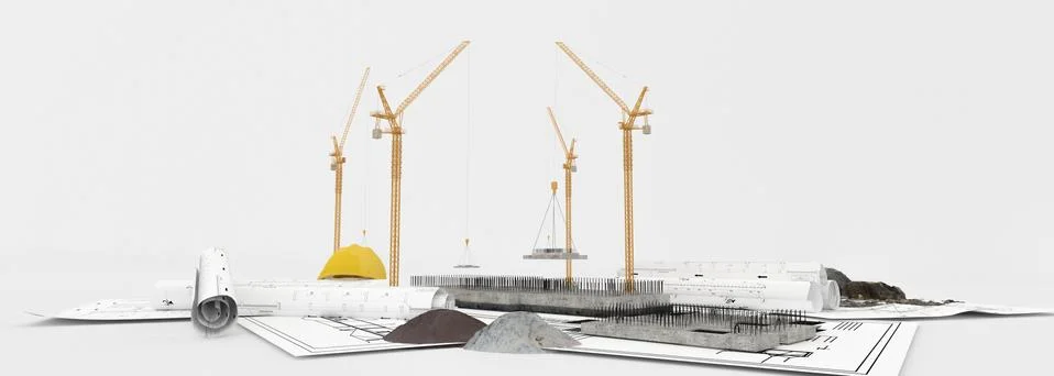 Foundation under construction with crane, on top of blueprints Stock Illustration