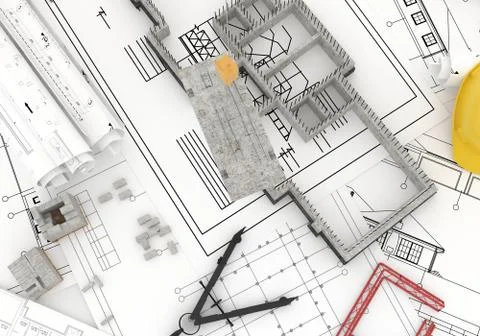Foundation under construction with crane, on top of blueprints Stock Illustration