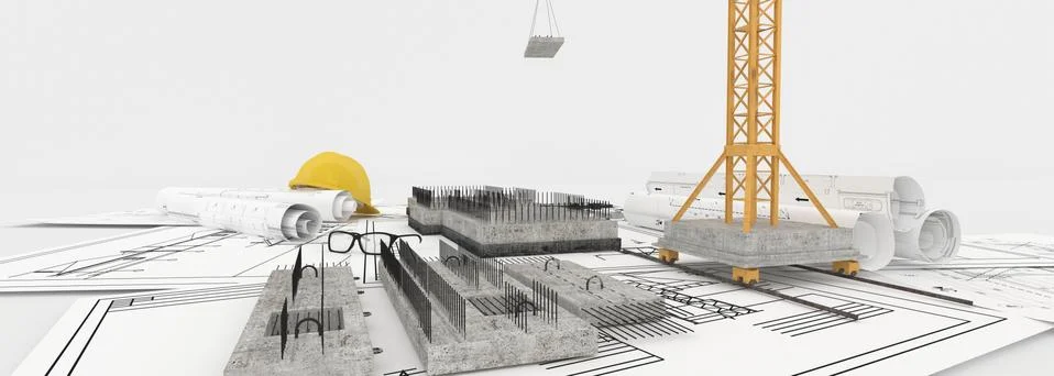 Foundation under construction with crane, on top of blueprints Stock Illustration
