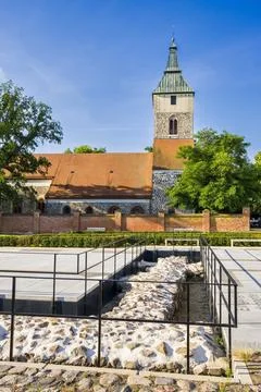 Foundations of former castle in front of town church Altlandsberg Brandenburg Foto stock