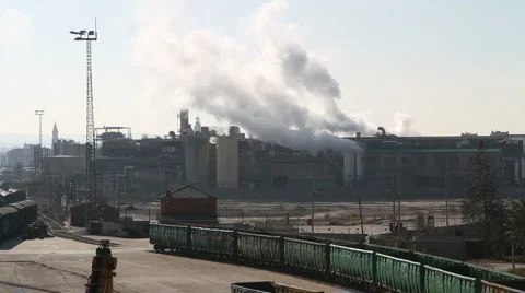 Foundry chimneys and train Stock Footage 6368711