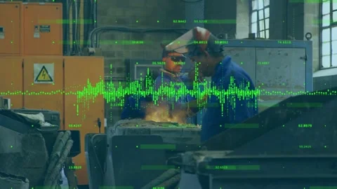 Foundry crew lifting ladle and pouring molten metal, checking filled mold with Stock Footage 335316928