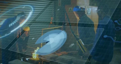 Foundry crew tilting crucible pouring molten into casting mold as holo overlay Stock Footage 331125940