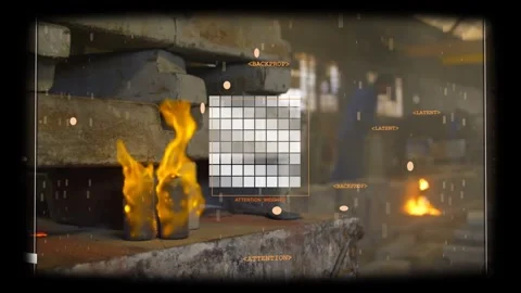 Foundry shelf flames flickering, driving HUD markers, stabilizing heat grid, Stock Footage 331820877