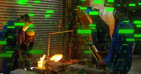 Foundry team tapping crucible rod to test heat, tilting vessel into mold, binary Stock Footage 310670968