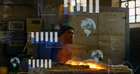 Foundry tech walking past molten crucible, sparks erupting and HUD showing data Stock Footage 331085442