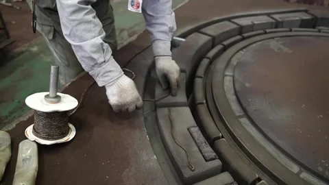 Foundry worker handling a wire spool beside a curved metal mold track Stock Footage 343875672