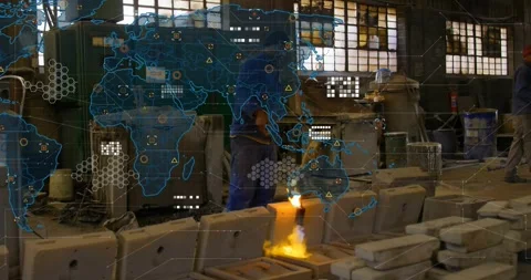 Foundry worker igniting torch, heating molds for casting, crew tending gear, map Stock Footage 330427781
