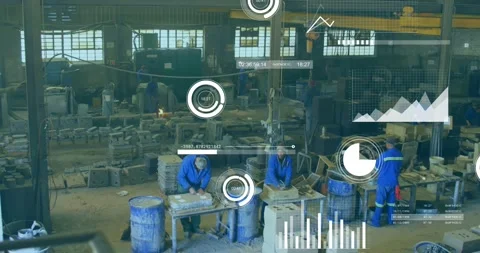 Foundry workers shaping molds and packing while machines operating and HUD Stock Footage 331126212