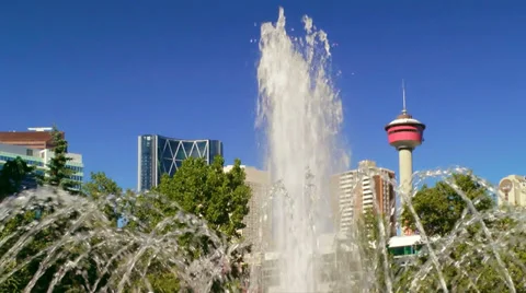 Fountain and Calgary Tower Stock Footage 32208722