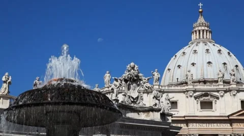 Fountain and Dome St. Peters Basilica in Vatican Stock Footage