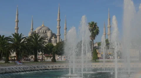 Fountain and Sultan Hamet Mosque in Istanbul Stock Footage 65874359