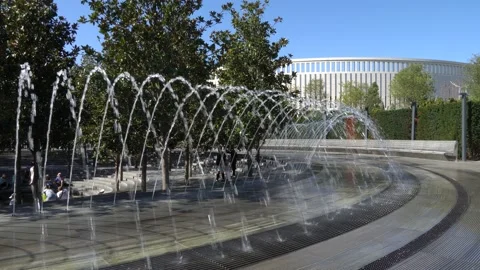 Fountain Arch. Jets of water fall on stones in sparkling arc.City Park Krasnodar Stock Footage 141180739
