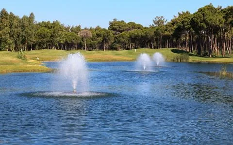 Fountain in the artificial pond. Fotos de archivo