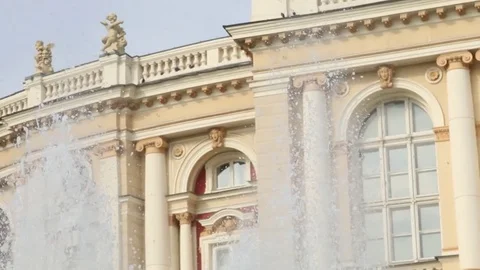 The fountain on the background of the building Stock Footage 81635986
