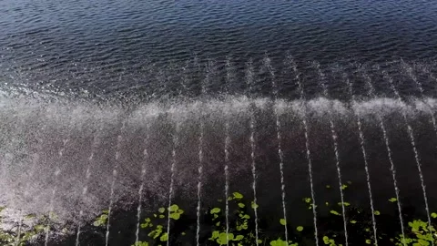 Fountain from a bird's eye view. Cyclic aeration of water in the lake to prevent Stock Footage 149248426