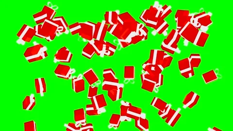 Fountain of boxes 3d render many falling red gift boxes with white bows fall Stock Footage 318387205