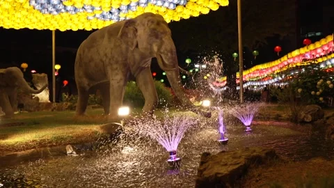 Fountain in Buddhist temple under Lanterns Colored with Ukraine Flag Colors Stock Footage 193957421
