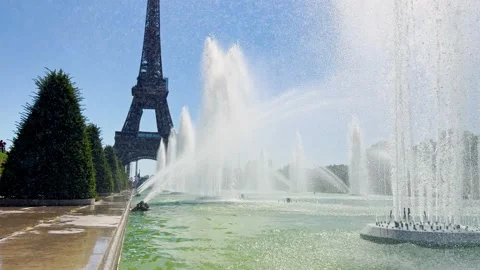 Fountain cascade over Eiffel tower from Trocadero in Paris Stock Footage 217510921