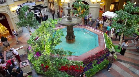 Fountain close up view in famous store department GUM in Moscow city center Stock Footage 63781622
