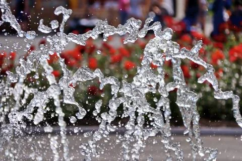 Fountain close-up of water droplets flowers background Stock Photos