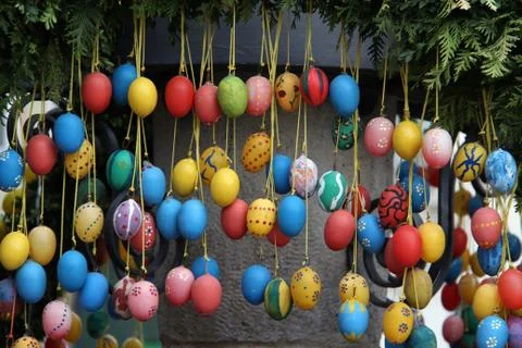 Fountain decorated Easter eggs Stock Photos