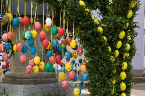 Fountain decorated Easter eggs Stock Photos