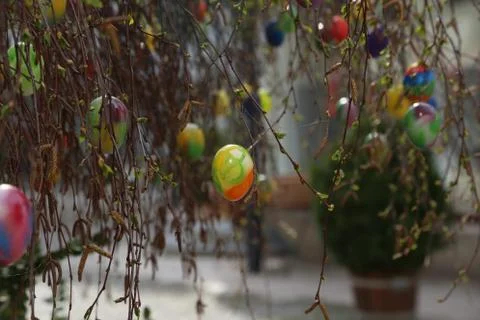 Fountain decorated Easter eggs Stock Photos
