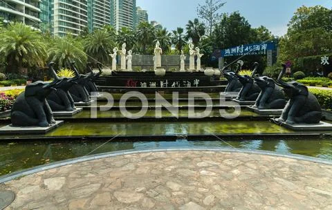 Fountain at the entrance to the respectable urban residential complex Time Coast Stock Photos
