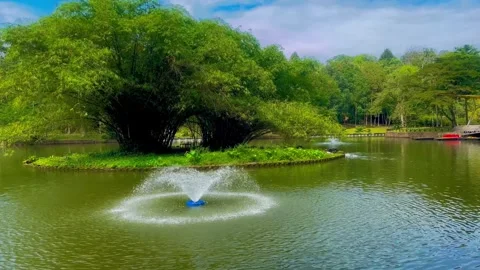A fountain flows elegantly in the center of a calm, serene lake Stock Footage 302451265