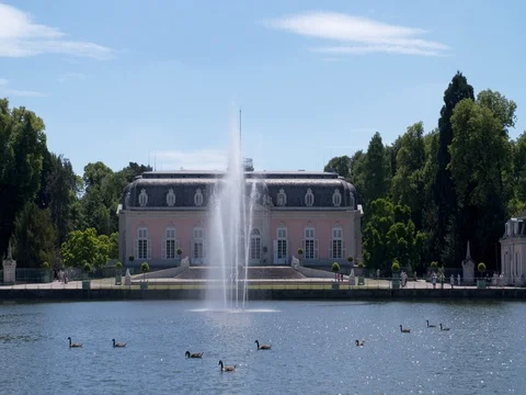 Fountain in front of baroque Benrath Palace in Germany, 4K Stock Footage 77199899