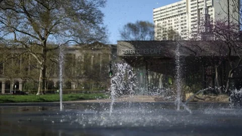 A fountain in front of Sister Cities Cafe in downtown Philadelphia Stock Footage 306961246