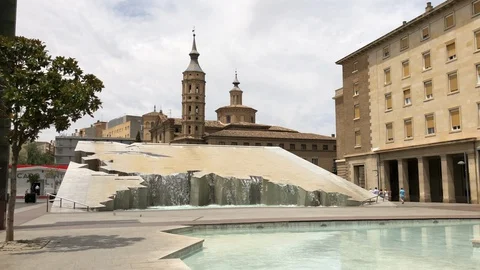 Fountain of Hispanicity in the Plaza of Our Lady of the Pillar, Zaragoza, Spain Stock-Footage 129191253