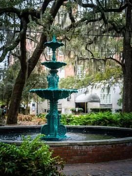 Fountain in historic square in Savannah, Georgia. Stock Photos