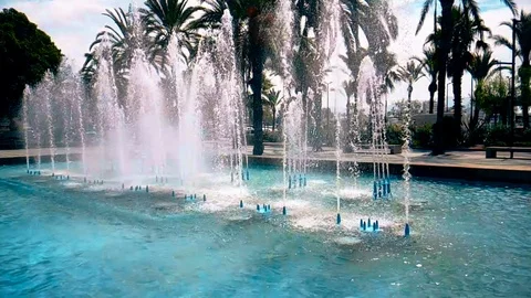 Fountain in Ibiza with the water falling down and the drops bounce, historical Video stock 118075322