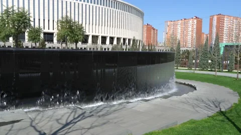 Fountain 'Infinity' in form of huge bowl. Public landscape park 'Krasnodar' Stock Footage 153973315