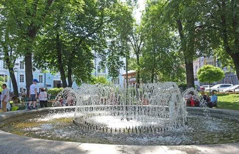 Fountain on Kontraktova Square on a summer day Stock Photos