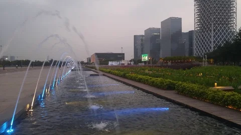The fountain landscape is in the evening square Stock Footage 97150824