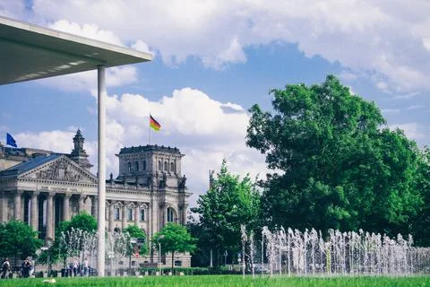 Fountain on lawn in front of Bundestag in Berlin Germany Stock Photos