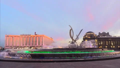 Fountain with light in evening at sunset timelapse Stock Footage 87205715