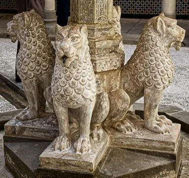 Fountain with lions in Piazza dei Leoni in Rocchetta Mattei. Italy Stock Photos