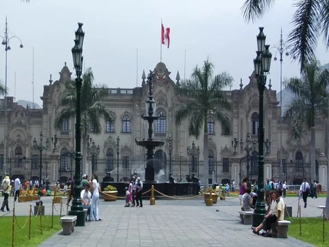 Fountain in Main Square / Plaza Mayor / Plaza de Armas of Lima, Peru Stock Footage 112950623