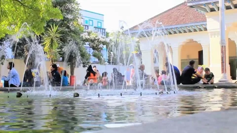 Fountain in the middle of a fish pond Stock Footage 287067197